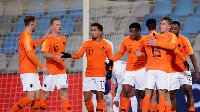 Kaj Sierhuis celebrates breaking the deadlock for the Netherlands on Tuesday