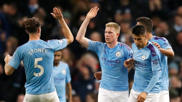 Kevin De Bruyne equalises for Man City by way of a deflection off the foot of Chelsea's Kurt Zouma