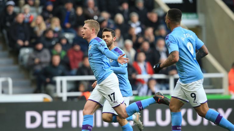 Kevin De Bruyne celebrates after scoring for Manchester City against Newcastle