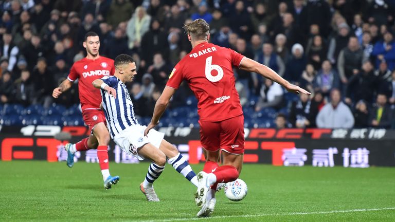 Kieran Gibbs of West Bromwich Albion scores their first goal of the game during the Sky Bet Championship match between West Bromwich Albion and Bristol City at The Hawthorns 
