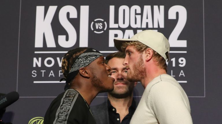November 7, 2019; Los Angeles, CA, USA; KSI and Logan Paul pose after the final press conference for their fight at TAO in Hollywood.  The Matchroom Boxing USA card takes place on Saturday at the Staples Center in Los Angeles, CA.  Mandatory Credit: Ed Mulholland/Matchroom Boxing USA