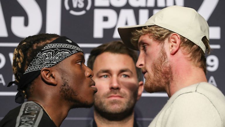 November 7, 2019; Los Angeles, CA, USA; KSI and Logan Paul pose after the final press conference for their fight at TAO in Hollywood.  The Matchroom Boxing USA card takes place on Saturday at the Staples Center in Los Angeles, CA.  Mandatory Credit: Ed Mulholland/Matchroom Boxing USA