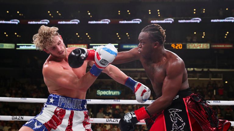 November 9, 2019; Los Angeles, CA, USA; KSI and Logan Paul during their bout at the Staples Center in Los Angeles, CA.  Mandatory Credit: Ed Mulholland/Matchroom Boxing USA