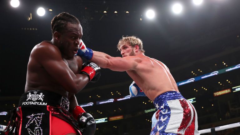 November 9, 2019; Los Angeles, CA, USA; KSI and Logan Paul during their bout at the Staples Center in Los Angeles, CA.  Mandatory Credit: Ed Mulholland/Matchroom Boxing USA