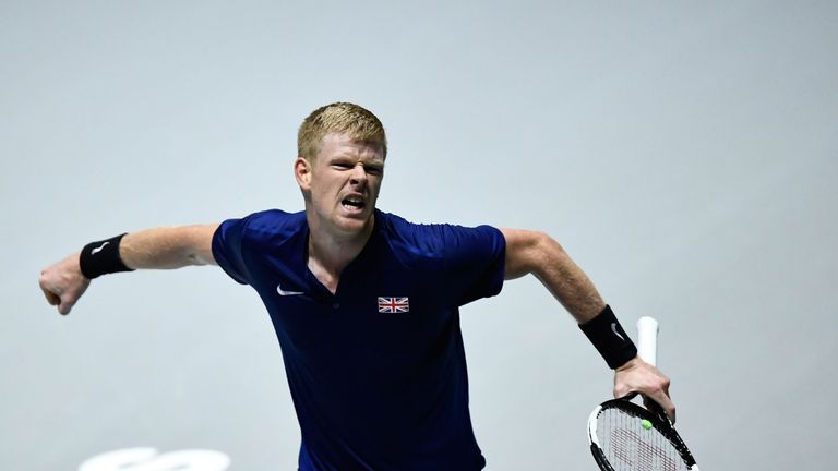 Kyle Edmund reacts during the singles tennis match against Kazakhstan's Mikhail Kukushkin at the Davis Cup Madrid Finals 2019 in Madrid on November 21, 2019. 
