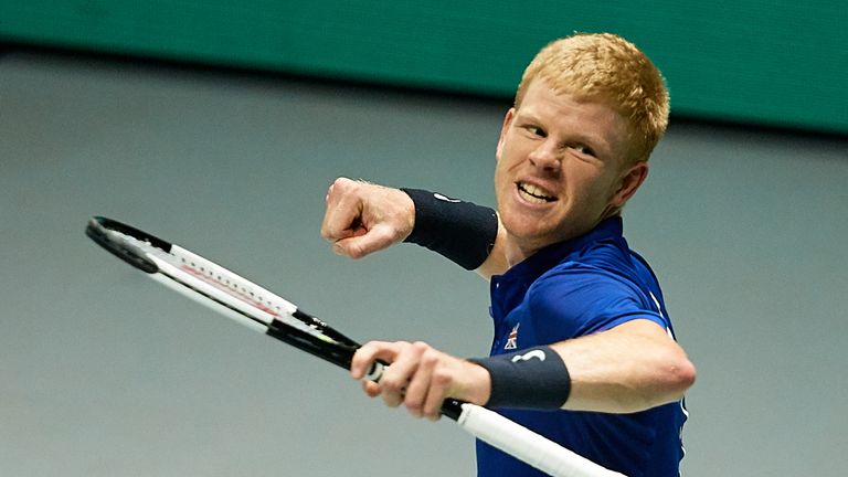Kyle Edmund of Great Britain celebrates during his quarter final match against Philipp Kohlschreiber of Germany on Day Five of the 2019 Davis Cup at La Caja Magica on November 22, 2019 in Madrid, Spain