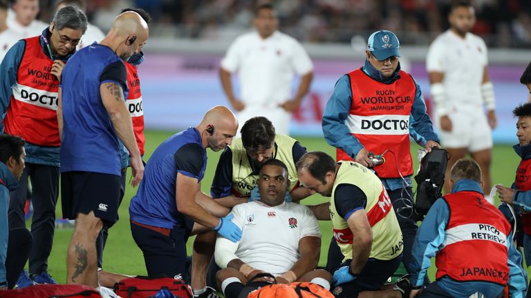 Kyle Sinckler, the England prop, receives treatment after being knocked out during the Rugby World Cup 2019 Final between England and South Africa at International Stadium Yokohama on November 02, 2019 in Yokohama
