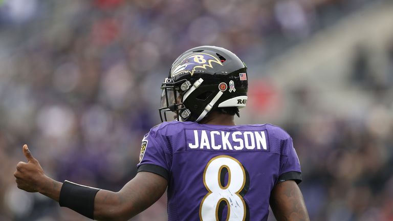 Quarterback Lamar Jackson #8 of the Baltimore Ravens reacts with a thumbs-up against the Houston Texans during the second quarter at M&T Bank Stadium on November 17, 2019 in Baltimore, Maryland.