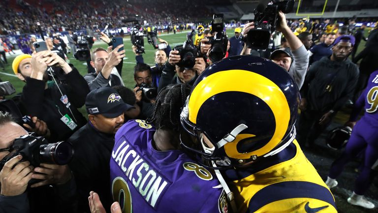 LA Rams quarterback Jared Goff embraces Lamar Jackson after his five-touchdown performance in Monday Night Football 
