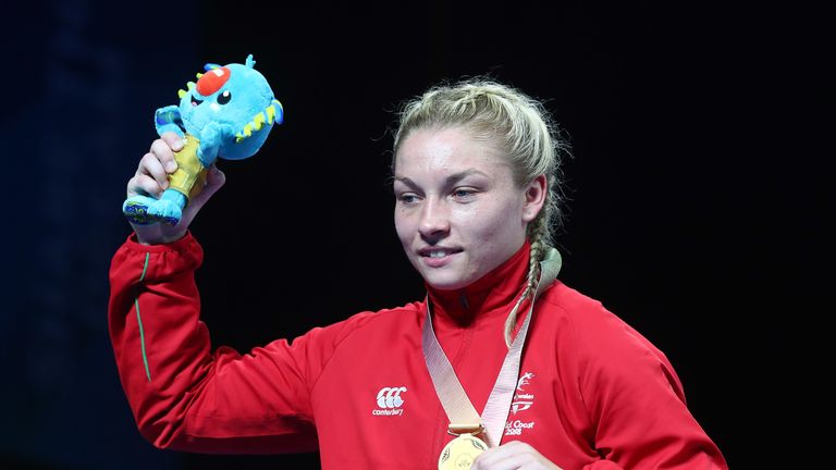 Lauren Price receives her gold medal during day 10 of the Gold Coast 2018 Commonwealth Games at Oxenford Studios on April 14, 2018 on the Gold Coast, Australia.