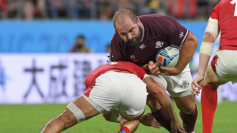 TOYOTA, JAPAN - SEPTEMBER 23: Levan Chilachava of Georgia is tackled during the Rugby World Cup 2019 Group D game between Wales and Georgia at City of Toyota Stadium on September 23, 2019 in Toyota, Aichi, Japan. (Photo by Levan Verdzeuli/Getty Images)