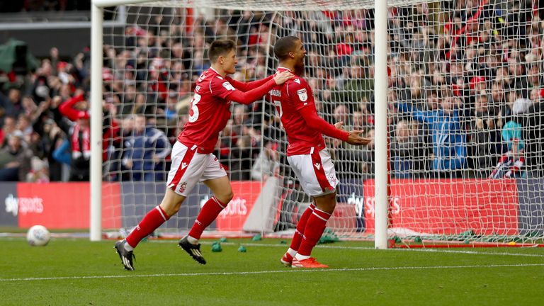 Lewis Grabban celebrates with Joe Lolley after putting Nottingham Forest ahead