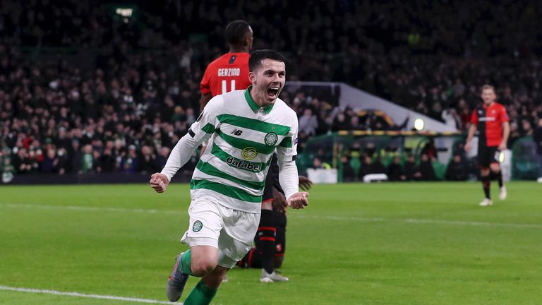 Lewis Morgan celebrates giving Celtic the lead against Rennes in the Europa League