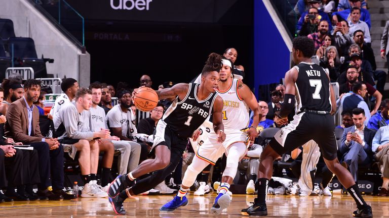 Lonnie Walker IV of the San Antonio Spurs handles the ball against the Golden State Warriors