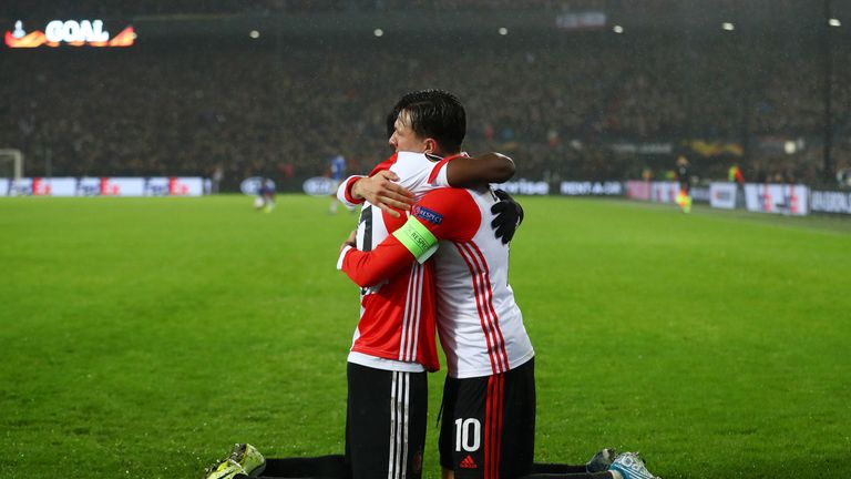 Luis Sinisterra celebrates with Steven Berghuis after scoring Feyenoord's second goal against Rangers 