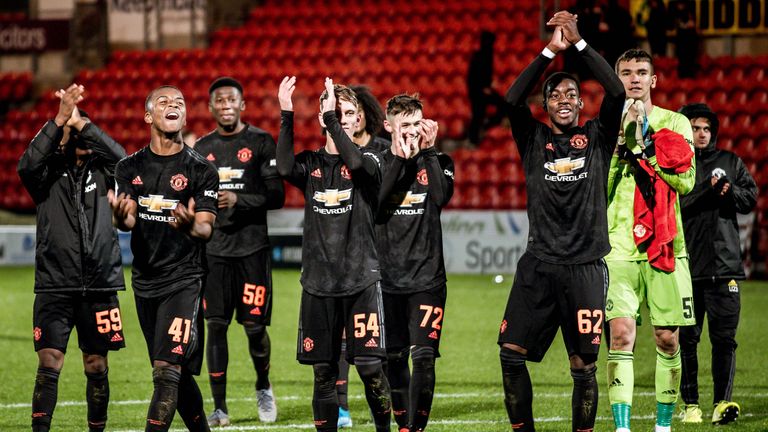 Manchester United's U21s celebrate winning at Doncaster Rovers