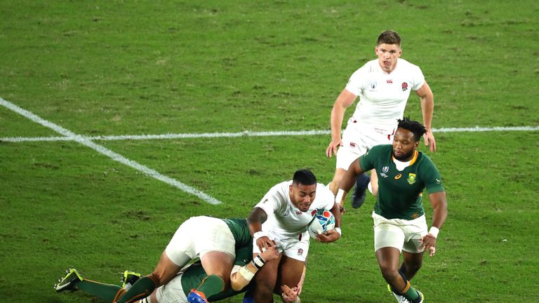 Manu Tuilagi tries to get through the Springbok defence