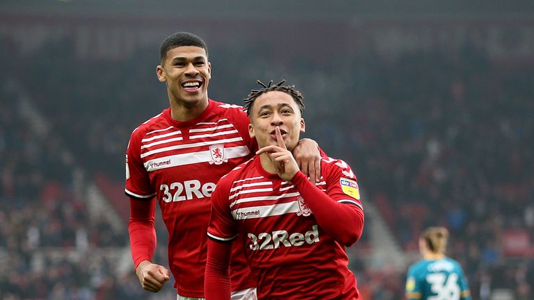 Middlesbrough's Marcus Tavernier (right) celebrates scoring against Hull with team-mate Ashley Fletcher