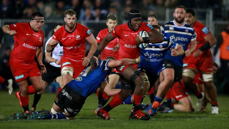 Maro Itoje carries strongly for Saracens