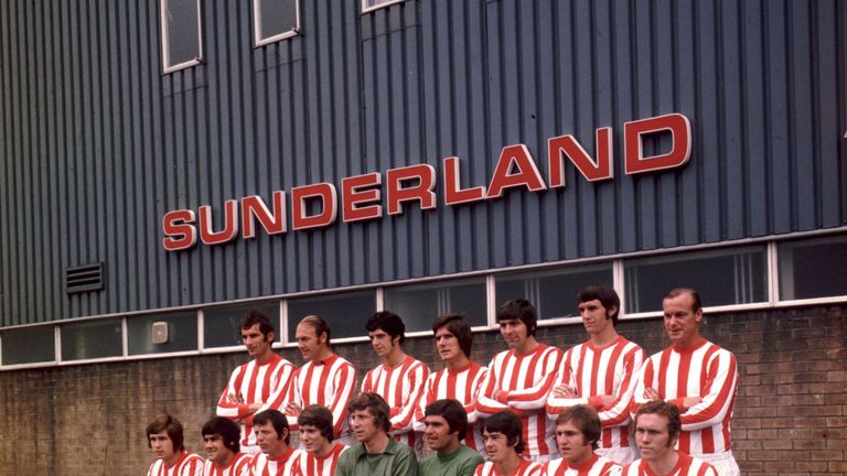 1971: Players of Sunderland FC's first team group. Back row (from left to right): Dick Malone, Cecil Irwin, Ritchie Pitt, Brian Chambers, Ian Porterfield, Dave Watson and Gordon Harris. Front row (from left to right): Paddy Lowrey, Billy Hughes, Martin Harvey, Bobby Park, Jimmy Montgomery, Derek Forster, Bobby Kerr, Dennis Tueart and Mick McGiven. (Photo by R. L. Palmer/Express/Getty Images)