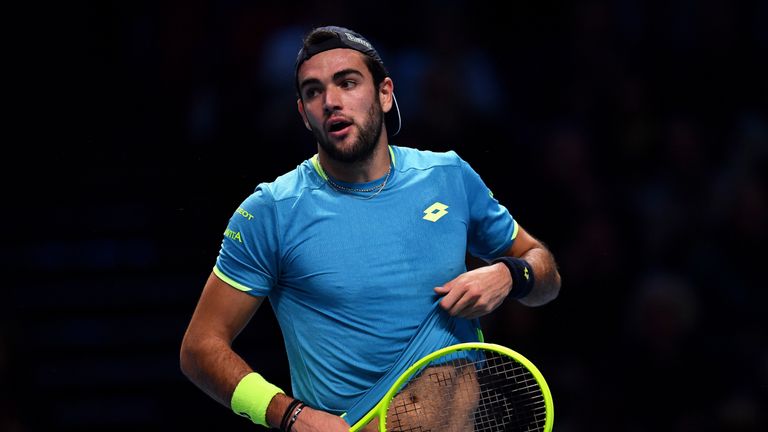 Matteo Berrettini of Italy reacts in his singles match against Novak Djokovic of Serbia during Day One of the Nitto ATP World Tour Finals at The O2 Arena on November 10, 2019 in London, England.