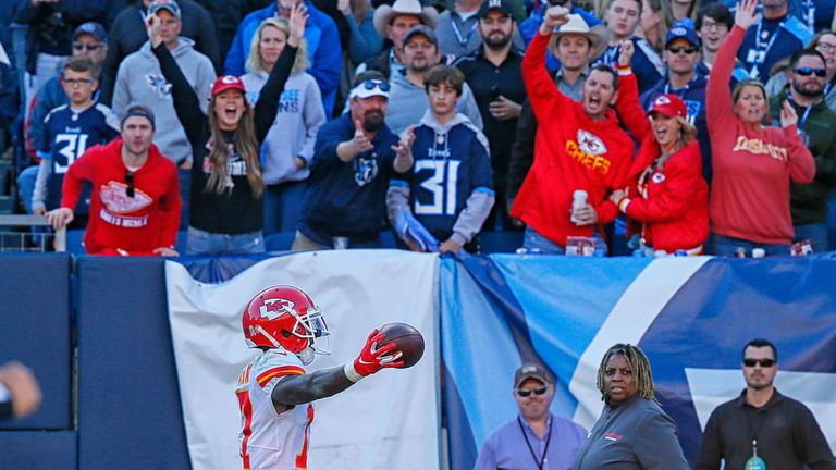 Mecole Hardman of the Kansas City Chiefs scores a touchdown against the Tennessee Titans