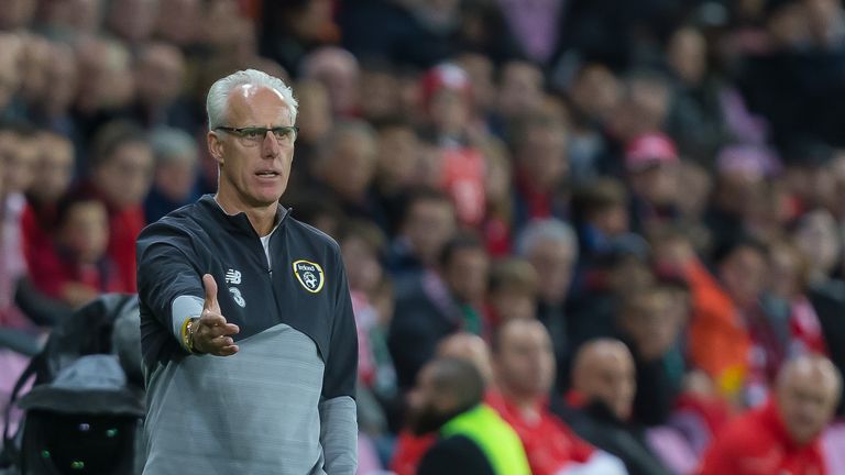 head coach Mick McCarthy of Republic of Ireland gestures during the UEFA Euro 2020 qualifier between Switzerland and Republic of Ireland on October 15, 2019 in Geneva, Switzerland. 