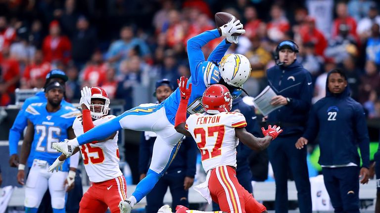 Mike Williams catches the ball during the 2019 NFL week 11 regular season football game between Kansas City Chiefs and Los Angeles Chargers 
