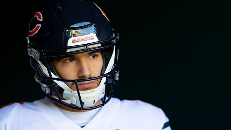 Mitchell Trubisky of the Chicago Bears looks to pass during a game