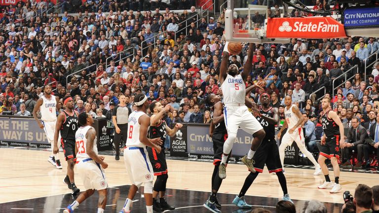 Montrezl Harrell of the LA Clippers dunks the ball during the game against the Toronto Raptors