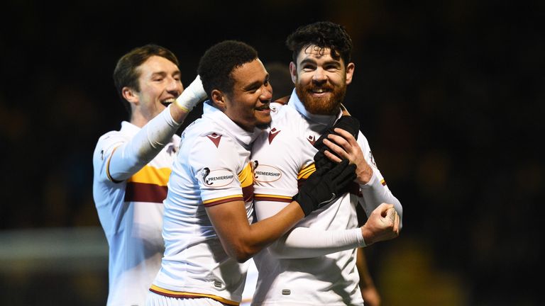 Motherwell's Liam Donnelly (R) celebrates his goal to make it 1-0 during the Ladbrokes Premiership match between Motherwell and Kilmarnock,