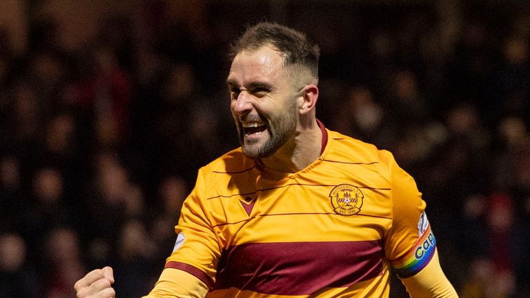 Motherwell’s Peter Hartley celebrates his goal during the Ladbrokes Premiership match between Motherwell and St Johnstone at Fir Park