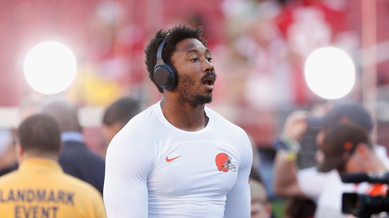 Myles Garrett #95 of the Cleveland Browns looks on during the warm up against the San Francisco 49ers at Levi's Stadium on October 07, 2019 in Santa Clara, California.