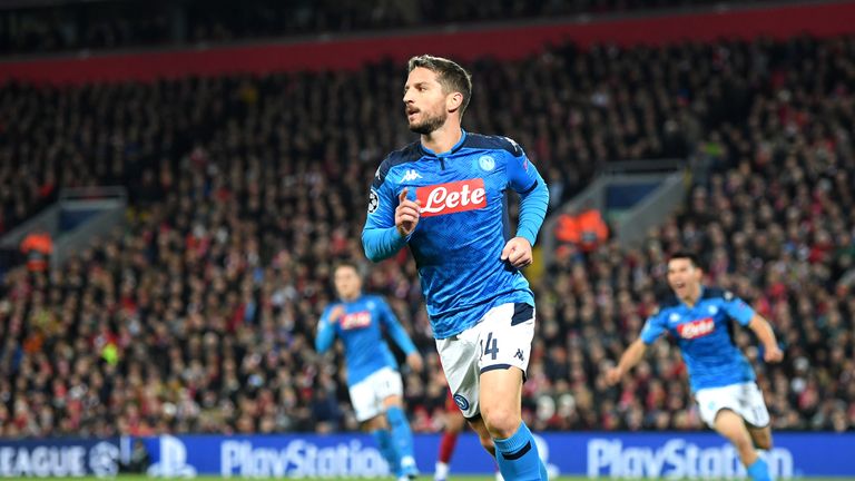 Napoli's Dries Mertens celebrates scoring against Liverpool