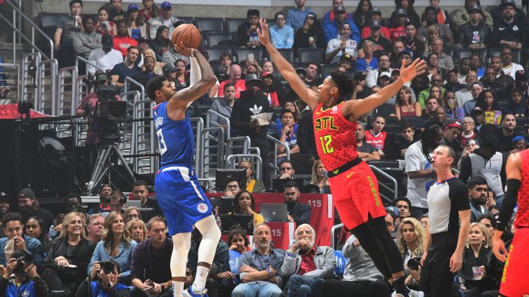 Paul George shoots a jumper against the Atlanta Hawks