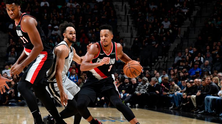 CJ McCollum dribbles the ball against the San Antonio Spurs
