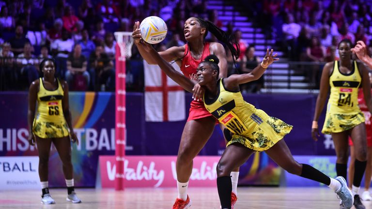 England and Jamaica tussling at the Netball World Cup in Liverpool