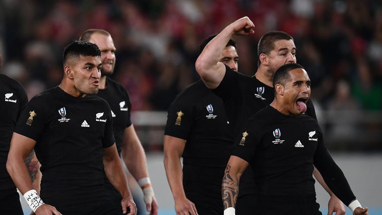 New Zealand's players perform the haka prior to the Japan 2019 Rugby World Cup bronze final match between New Zealand and Wales at the Tokyo Stadium in Tokyo on November 1, 2019