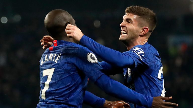 N&#39;Golo Kante celebrates his goal against Manchester City with Christian Pulisic