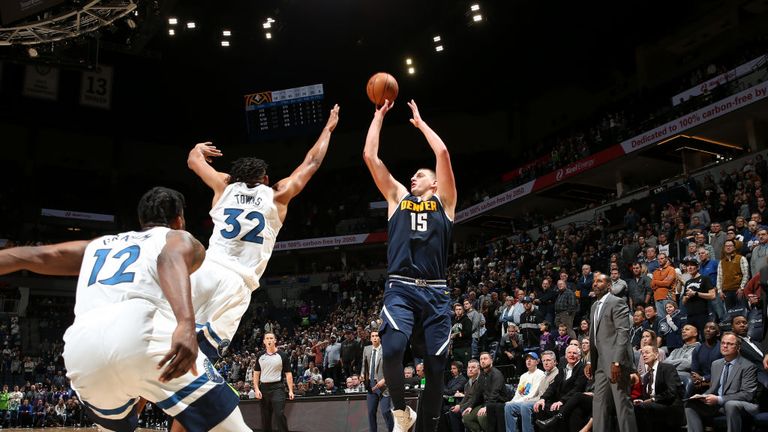 Nikola Jokic of the Denver Nuggets shoots the shot to win the game against the Minnesota Timberwolves