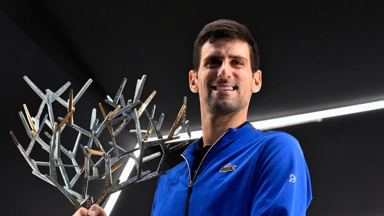Novak Djokovic of Serbia poses with the trophy after winning his Mens Singles Final match against Denis Shapovalov of Canada on day 7 of the Rolex Paris Masters, part of the ATP World Tour Masters 1000 held at the AccorHotels Arena on November 03, 2019 in Paris, France.