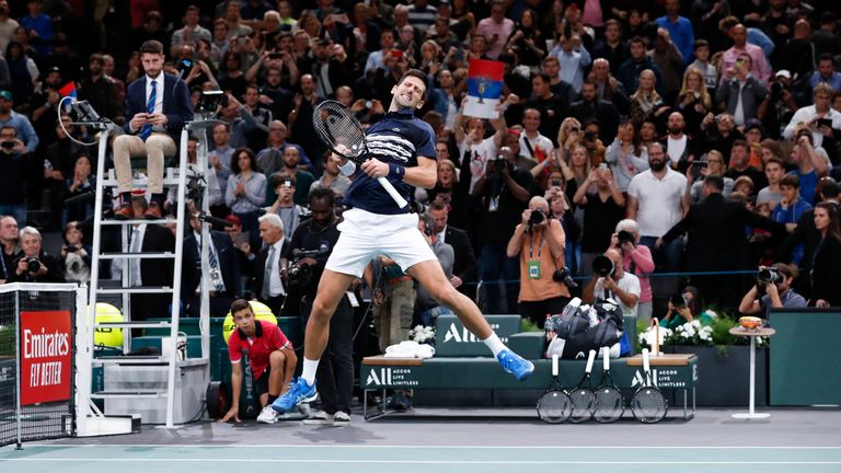 Novak Djokovic of Serbia celebrates the victory of the final match against Denis Shapovalov of Canada on day 7 of the Rolex Paris Masters, part of the ATP World Tour Masters 1000 held at at AccorHotels Arena on November 3, 2019 in Paris, France