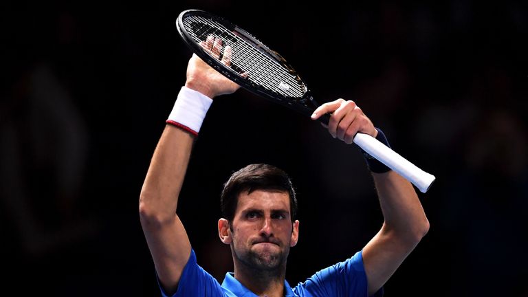 Novak Djokovic of Serbia celebrates victory after winning his singles match against Matteo Berrettini of Italy during Day One of the Nitto ATP World Tour Finals at The O2 Arena on November 10, 2019 in London, England.