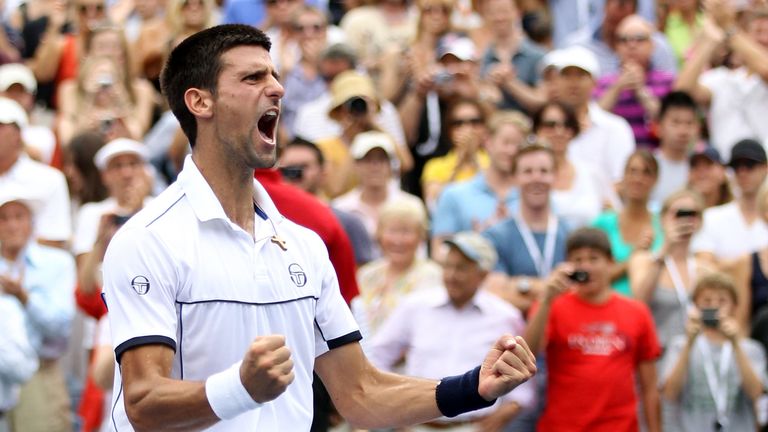 Novak Djokovic of Serbia reacts after he won his match against Roger Federer of Switzerland during Day Thirteen of the 2011 US Open at the USTA Billie Jean King National Tennis Center on September 10, 2011 in the Flushing neighborhood of the Queens borough of New York City