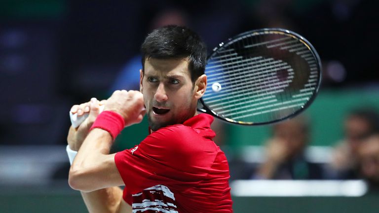 Novak Djokovic of Serbia plays a backhand during his quarter final singles match against Karen Khachanov of Russia on Day Five of the 2019 Davis Cup at La Caja Magica on November 22, 2019 in Madrid, Spain