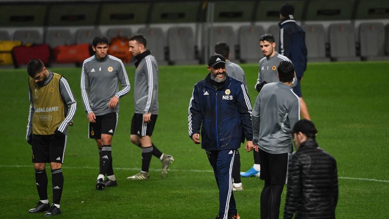 Nuno Espirito Santo oversees his Wolves squad in a training session ahead of their match against Braga