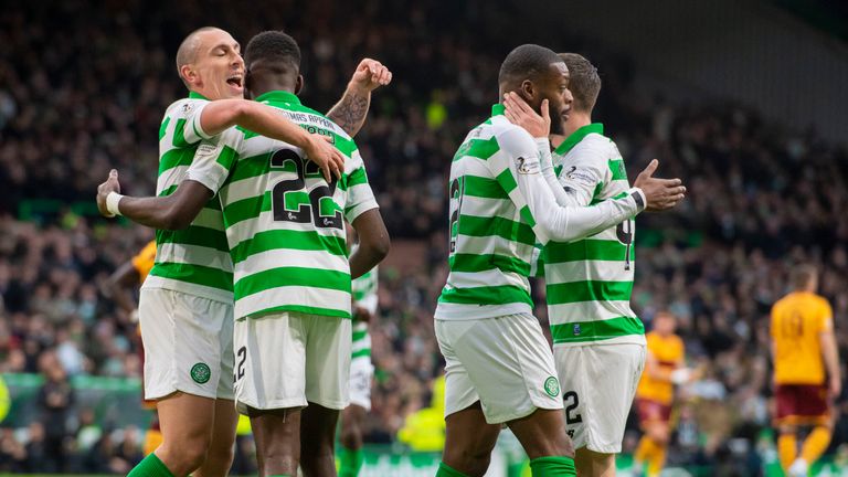 Celtic&#39;s Odsonne Edouard celebrates his goal with Scott Brown (left) during the Ladbrokes Premiership Match between Celtic and Motherwell at Celtic Park on November 10, in Glasgow, Scotland. 