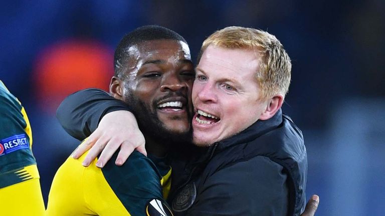 Celtic boss Neil Lennon celebrates with match-winner Olivier Ntcham