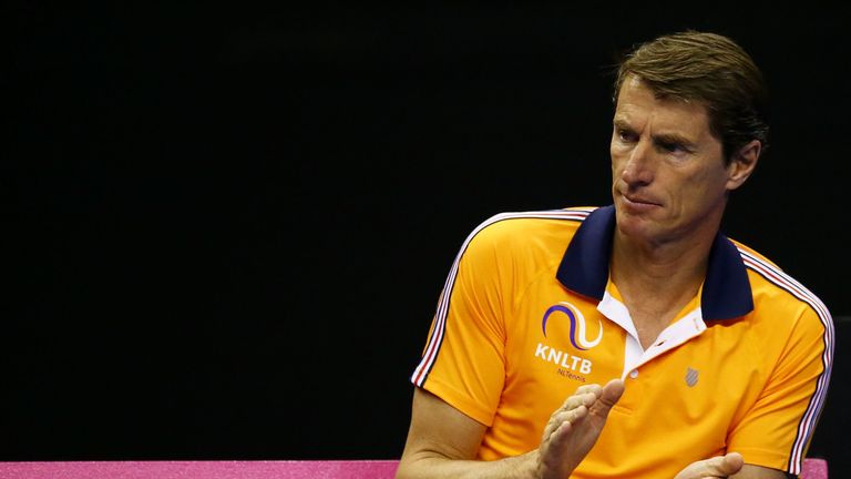 Netherlands captain Paul Haarhuis applauds play during the World Group Play-Off Fed Cup tie between Australia and the Netherlands at the Wollongong Entertainment Centre on April 22, 2018 in Wollongong, Australia