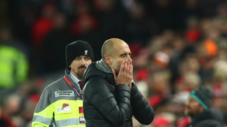 A dejected Pep Guardiola during Liverpool vs Manchester City at Anfield